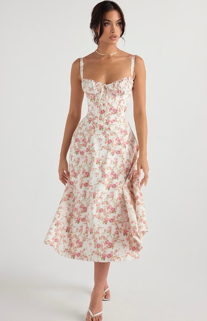 Elegant women's summer dress – A-line, midi, slit