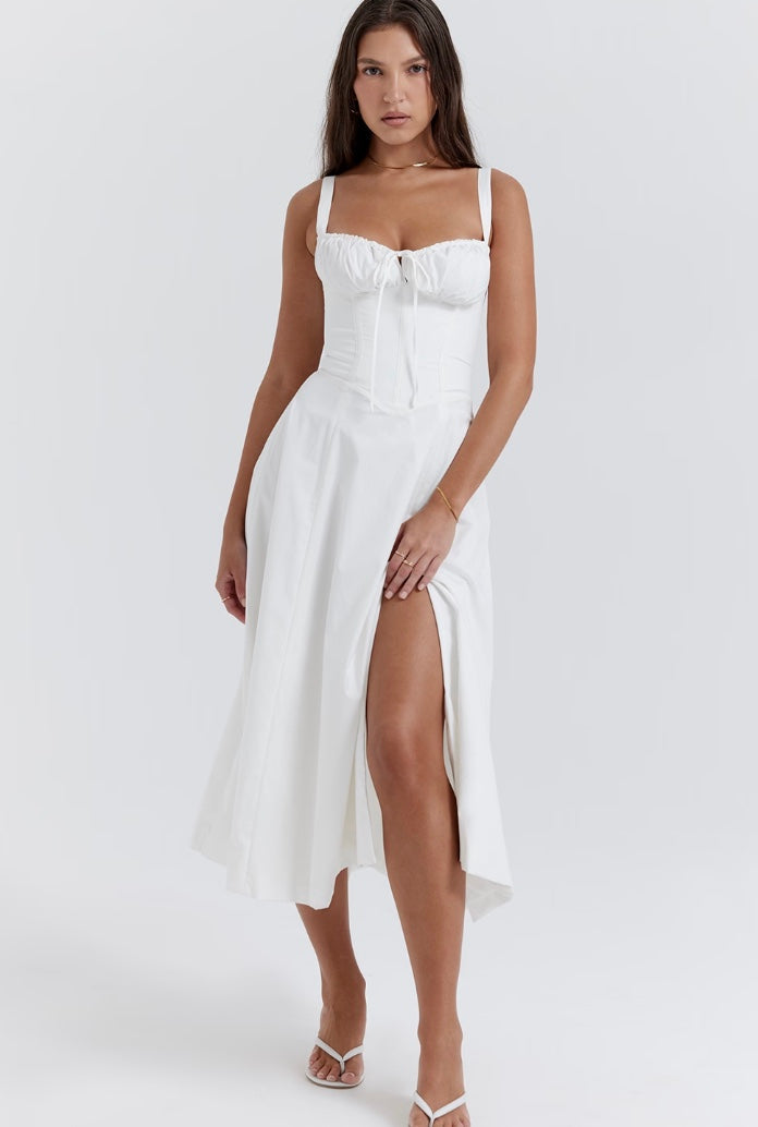 Elegant women's summer dress – A-line, midi, slit