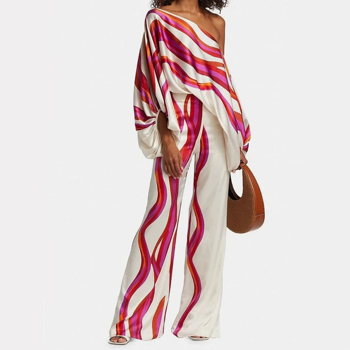Elegant Women's Two-Piece Satin Set – Off-Shoulder Top & Wide Pants