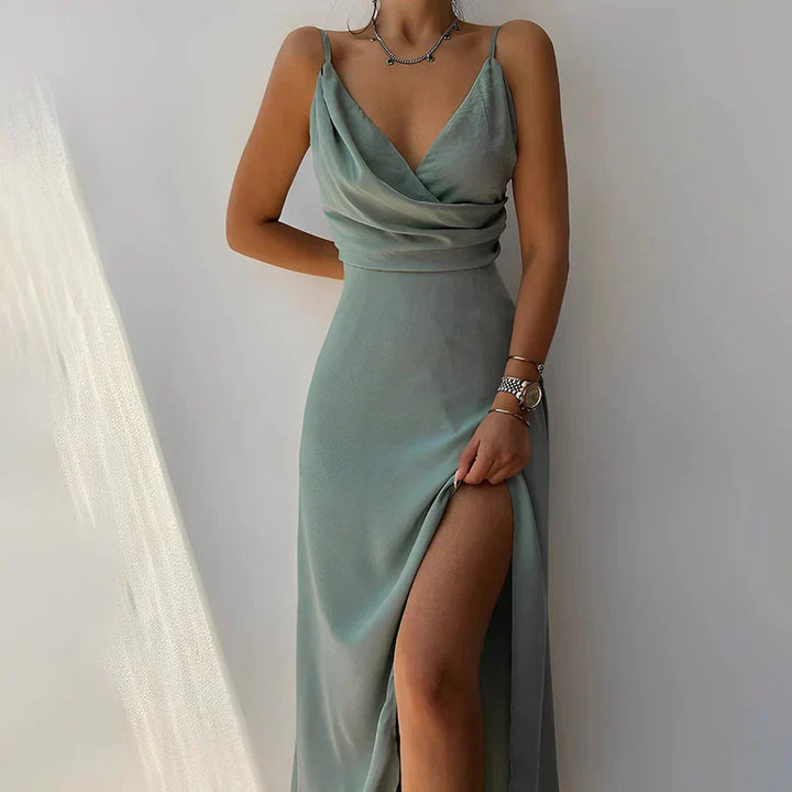 Women's satin dress with slit – Elegant sleeveless evening dress