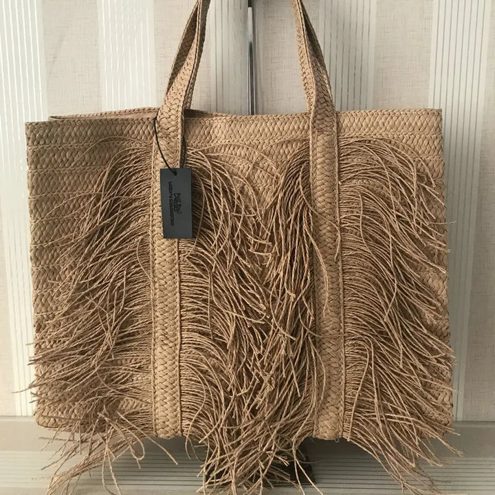 Strohtasche Damen – Handgefertigte Strandtasche mit Quasten & Reißverschluss