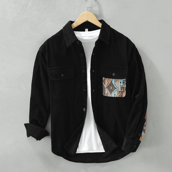 Herren Corduroy Hemd Langarm mit Patchwork-Design und Vordertaschen