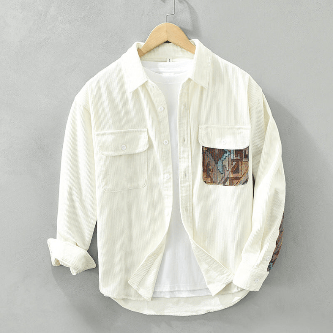 Herren Corduroy Hemd Langarm mit Patchwork-Design und Vordertaschen