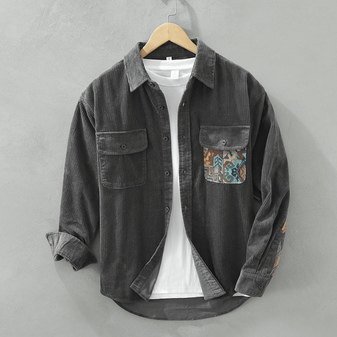 Herren Corduroy Hemd Langarm mit Patchwork-Design und Vordertaschen
