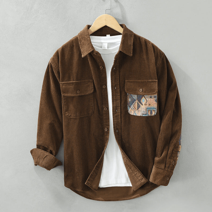 Herren Corduroy Hemd Langarm mit Patchwork-Design und Vordertaschen