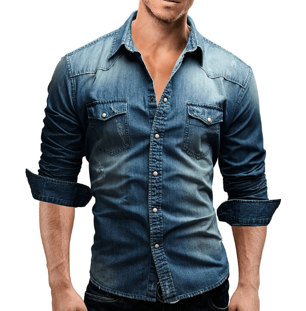 Chemise en denim pour hommes style décontracté en tissu doux avec manches longues
