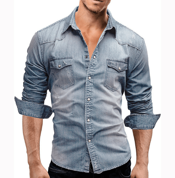 Chemise en denim pour hommes style décontracté en tissu doux avec manches longues
