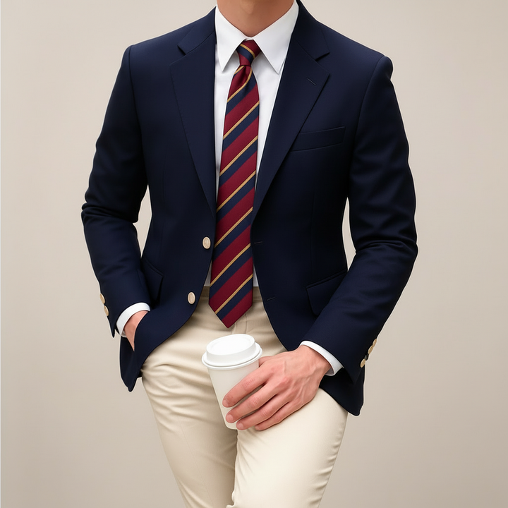 Herren Marineblauer Klassischer Blazer mit Goldenen Knopfdetails in Strukturierter Passform 1