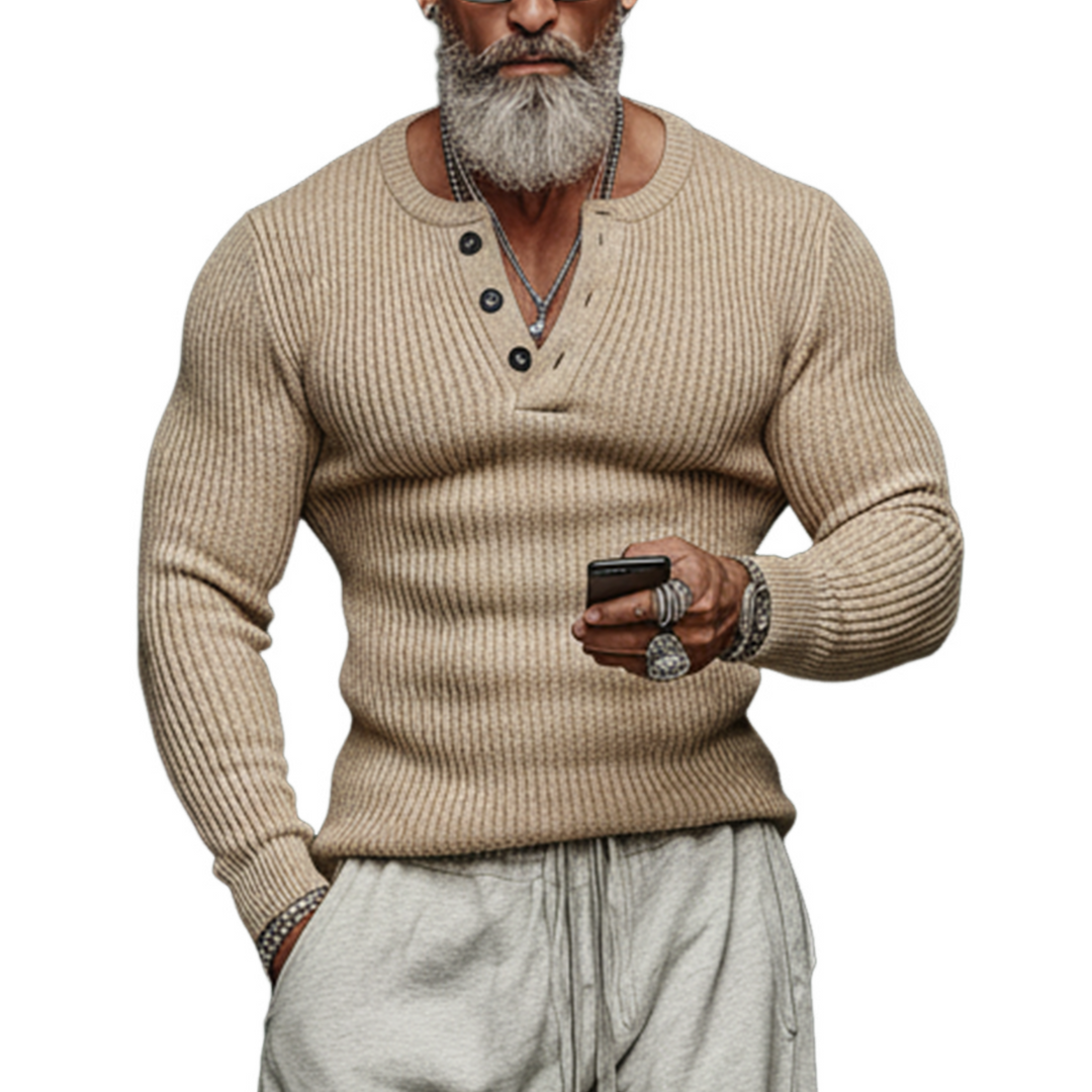 Herren Pullover Henley Kragen Slim Fit 0