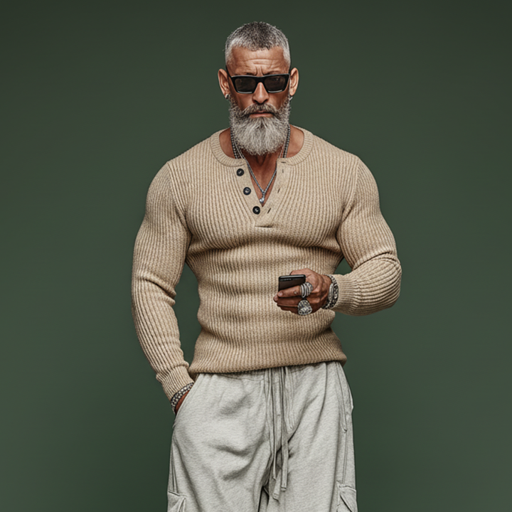 Herren Pullover Henley Kragen Slim Fit 1