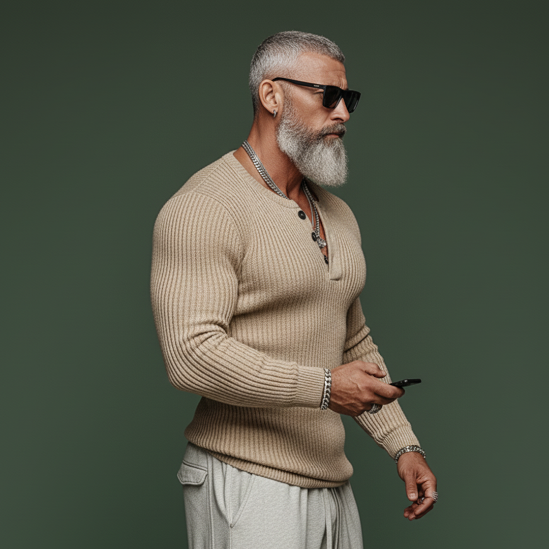 Herren Pullover Henley Kragen Slim Fit 3