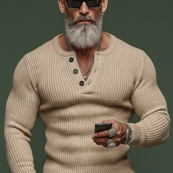 Herren Pullover Henley Kragen Slim Fit 4