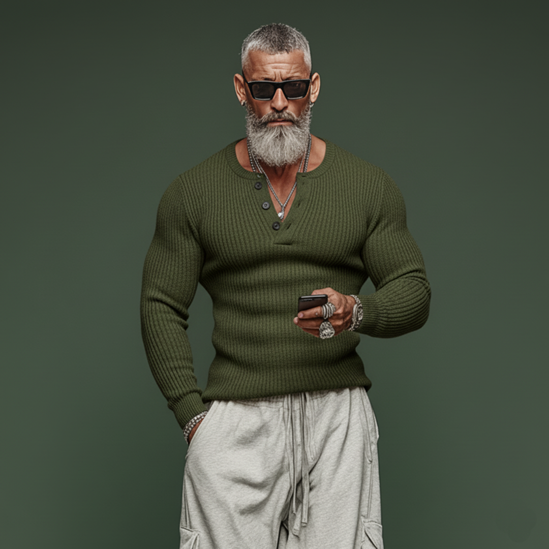 Herren Pullover Henley Kragen Slim Fit 5