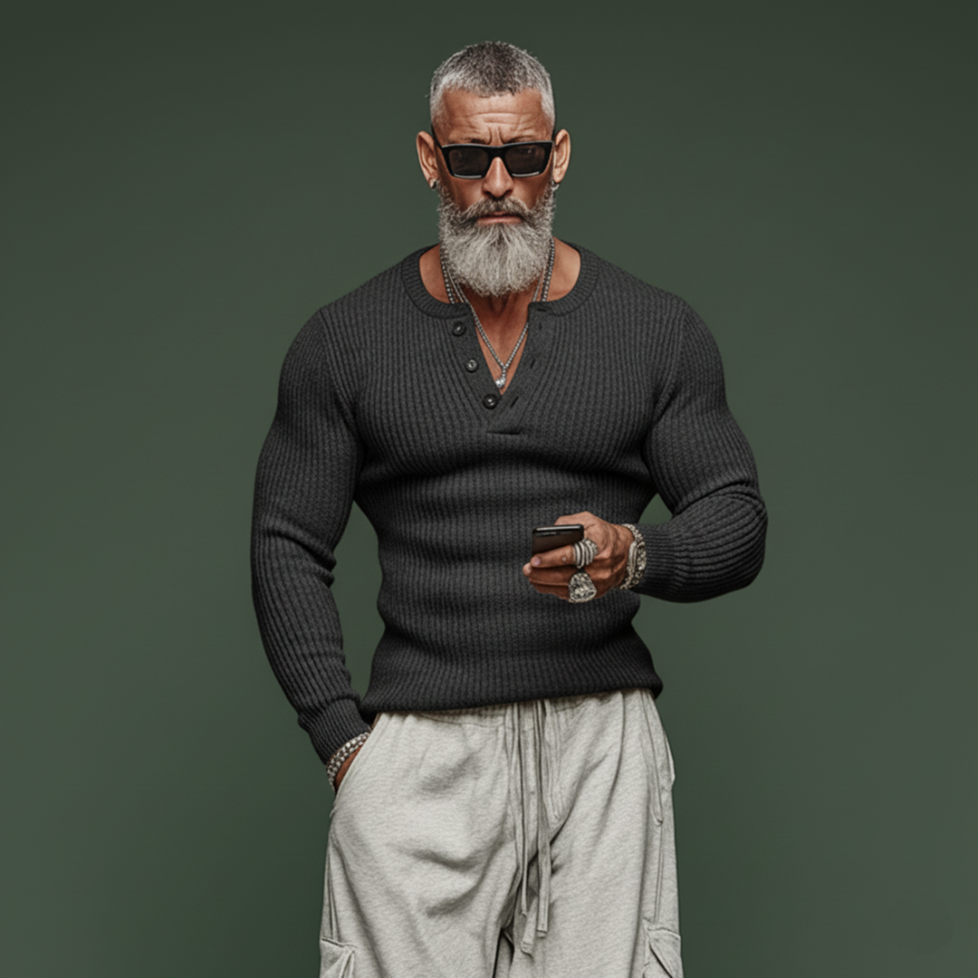 Herren Pullover Henley Kragen Slim Fit 6