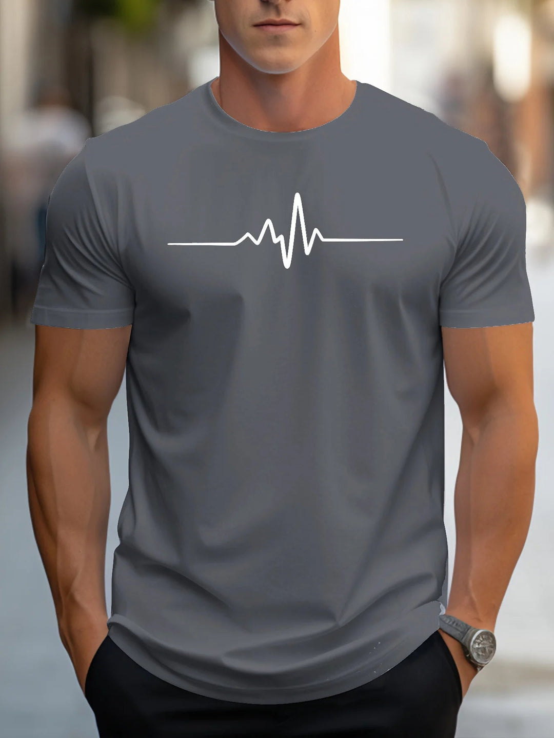 Herren Slim Fit T-Shirt mit Herzschlag-Print