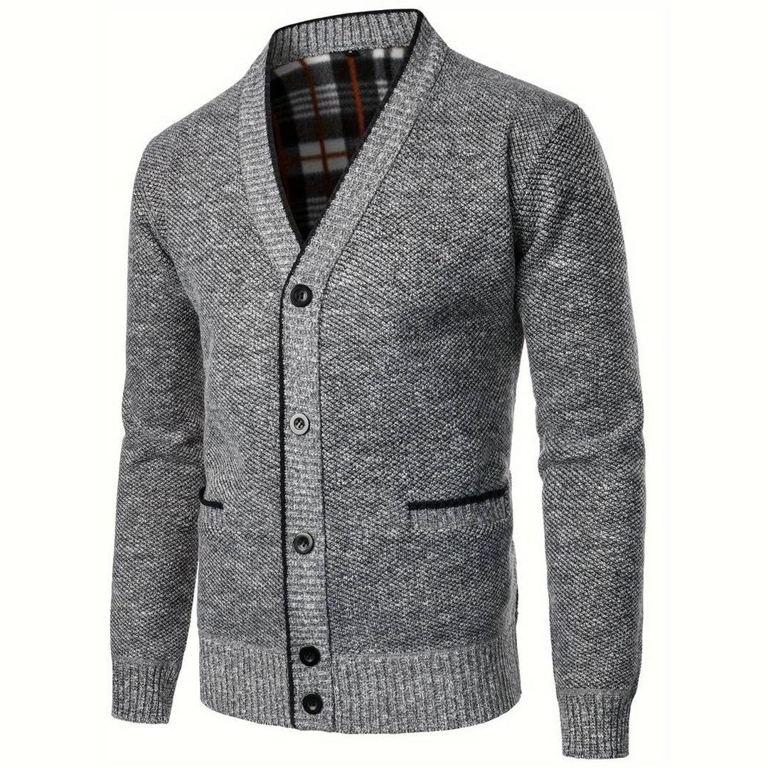 Herren Strickjacke V-Ausschnitt Mit Kariertem Innenfutter aus Hochwertiger Strickware 2