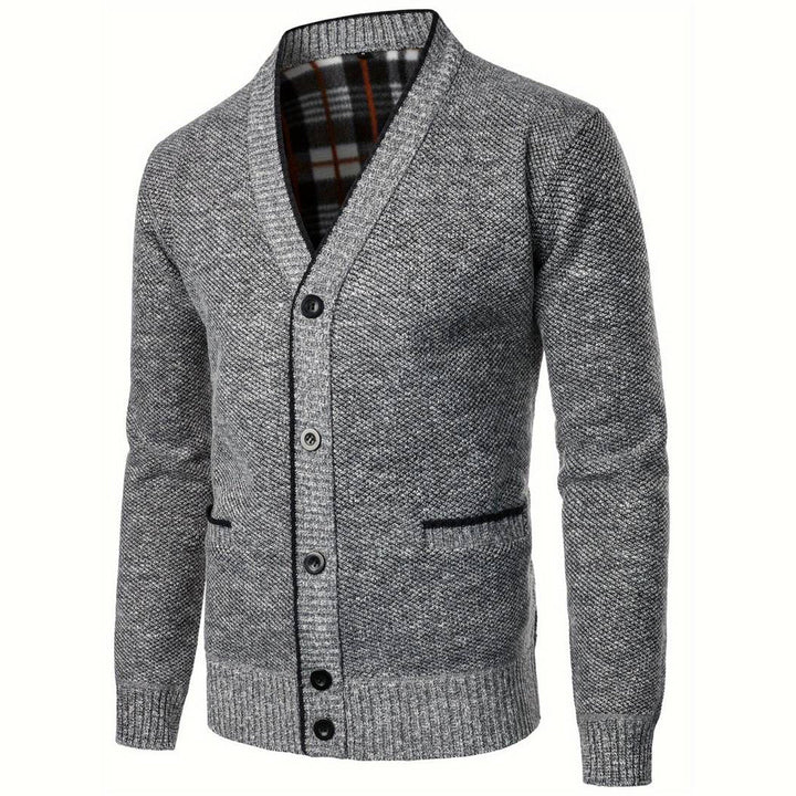 Herren Strickjacke V-Ausschnitt Mit Kariertem Innenfutter aus Hochwertiger Strickware 2