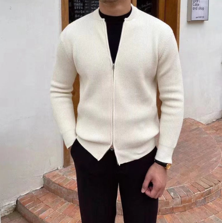 Herren Strickjacke mit Stehkragen und Rippstruktur aus Baumwollmischung 0