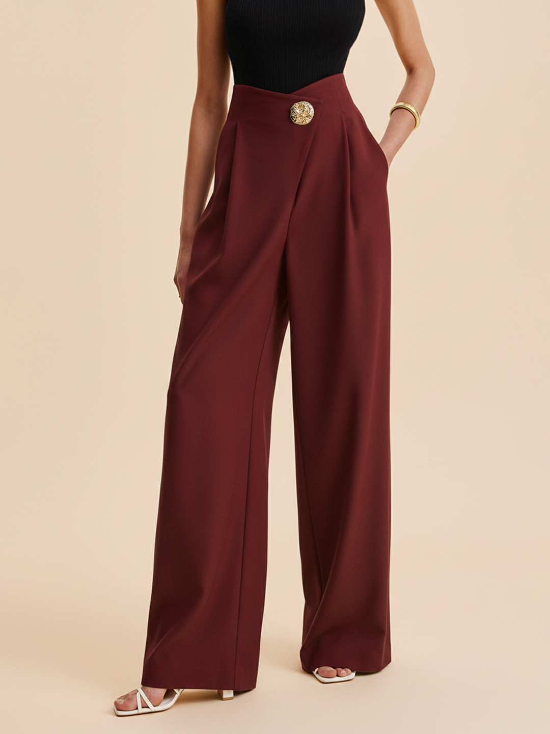 Hoch taillierte Stoffhose Damen Weitbeinig Elegant