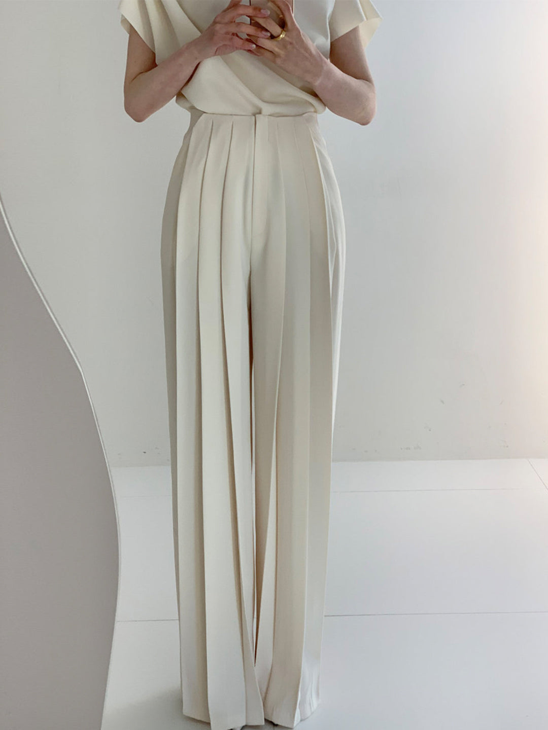 High-waisted fabric pants women wide leg polyester elegant