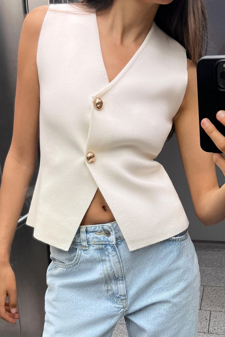Vest top with V-neck – soft stretch, Stockholm chic