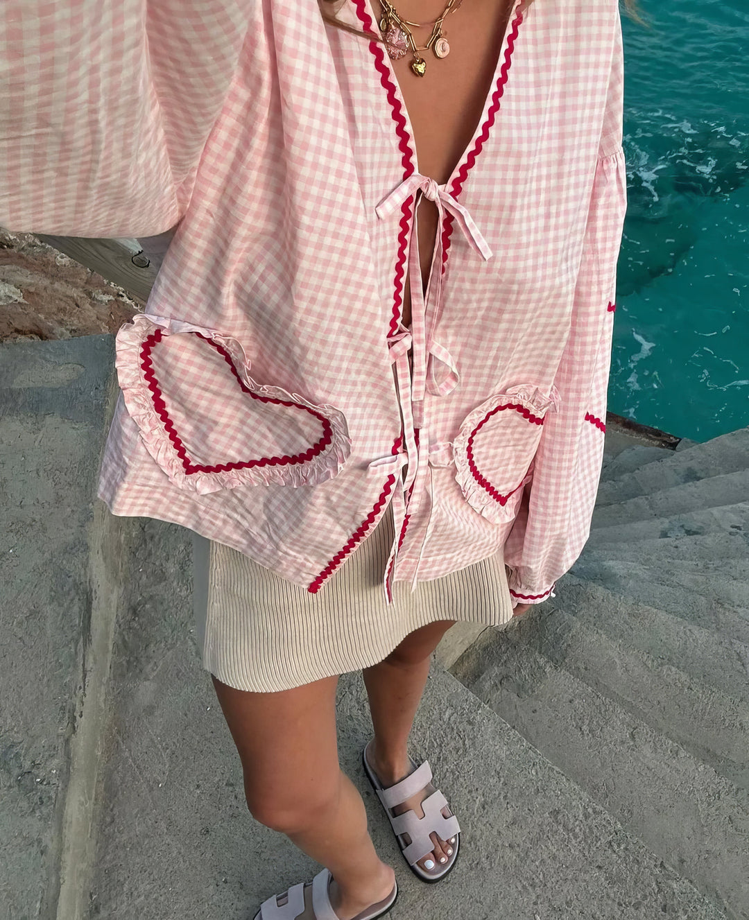 Women's Gingham Blouse – Loose Fit with Ruffles & Bow