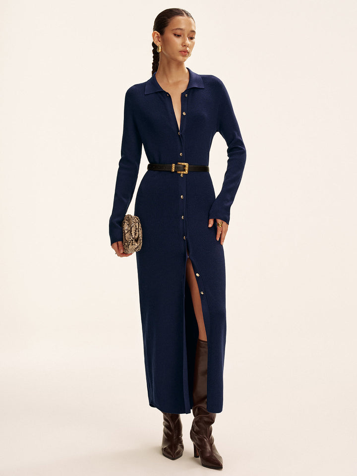 Langarm Maxikleid mit Knopfdetail - Strickkleid ohne Gürtel