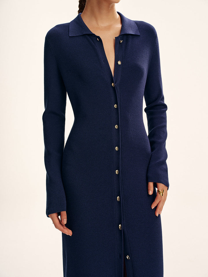 Langarm Maxikleid mit Knopfdetail - Strickkleid ohne Gürtel
