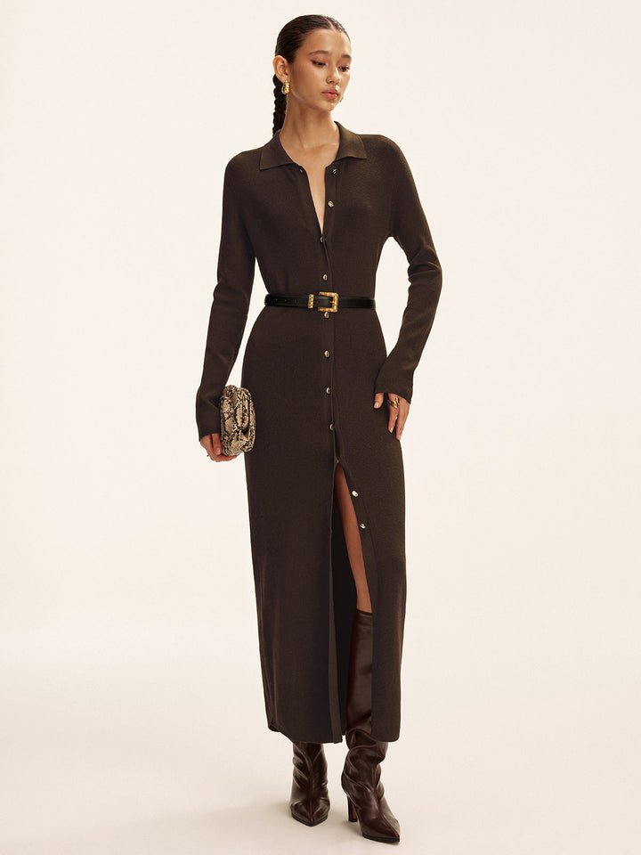Langarm Maxikleid mit Knopfdetail - Strickkleid ohne Gürtel