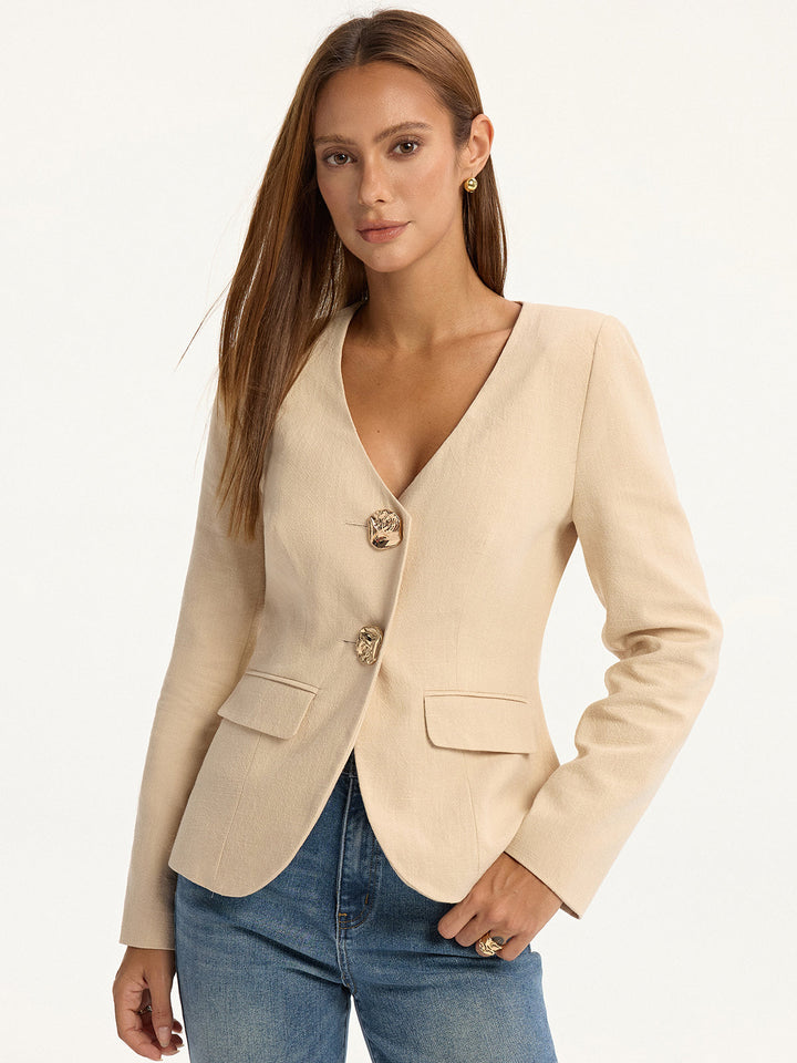 Linen-cotton V-neck blazer with metal buttons