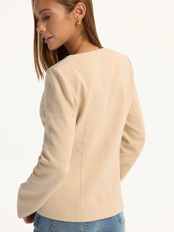 Linen-cotton V-neck blazer with metal buttons