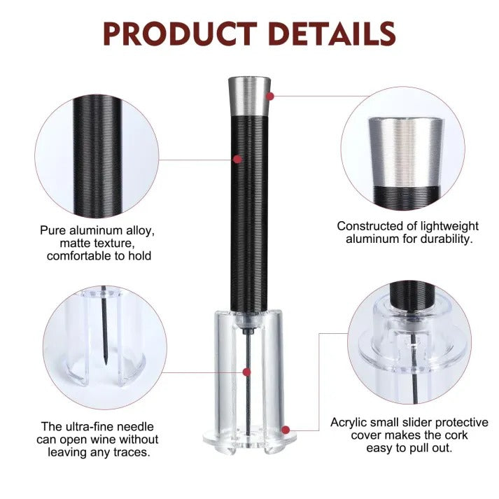 Luftunterstütztes Weinöffner Set mit Folienschneider und Belüftungsausgießer - Schwarz/Silber 2