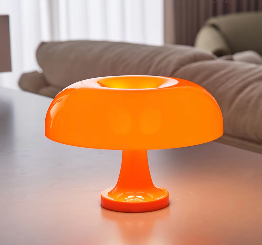 LumaMushroom Tischlampe – Stilvolle Bauhaus-Design LED Tischleuchte in Orange, Dimmbar, USB-C, 28x19,5 cm 0