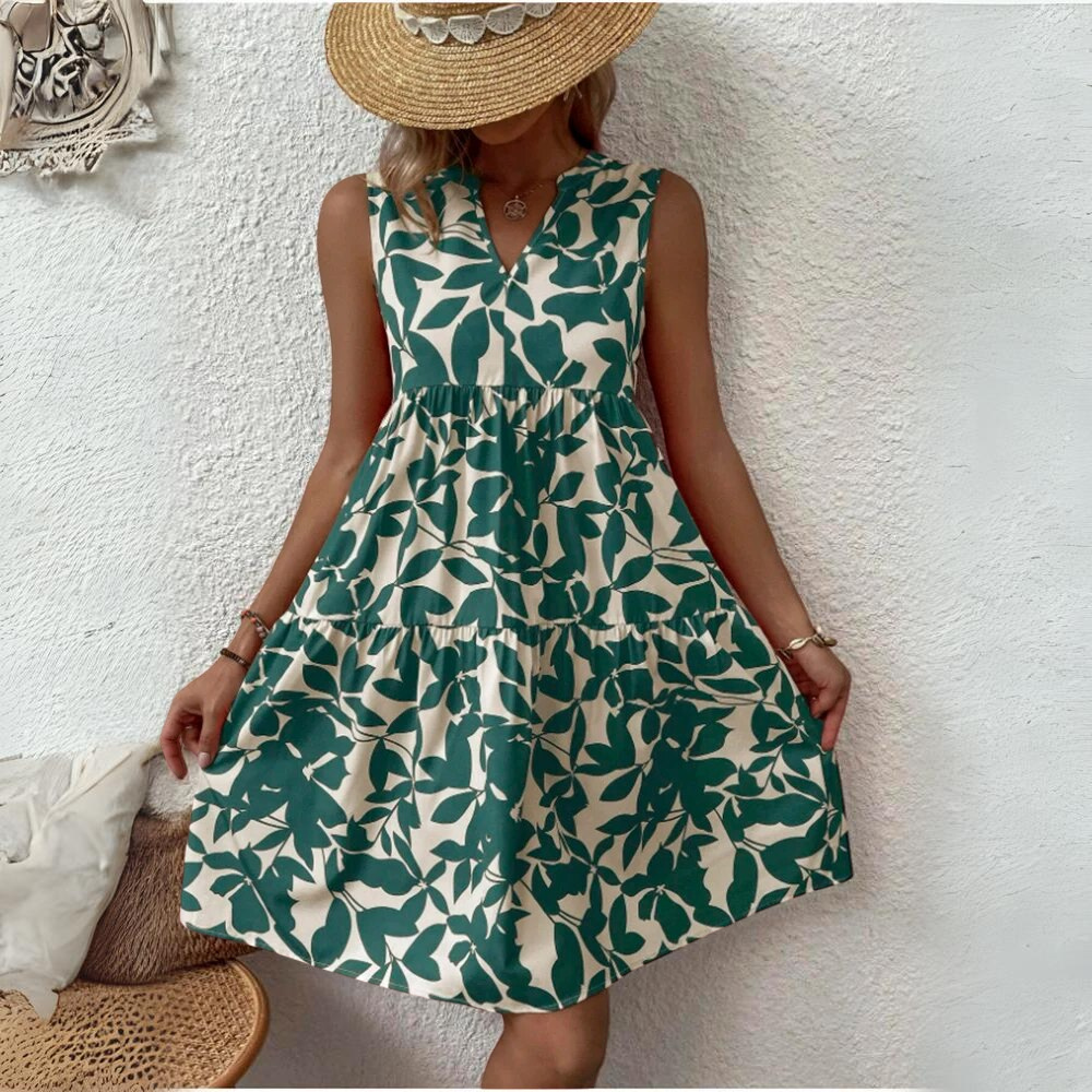 Women's dress cotton floral pattern summer dress with V-neck and short sleeves