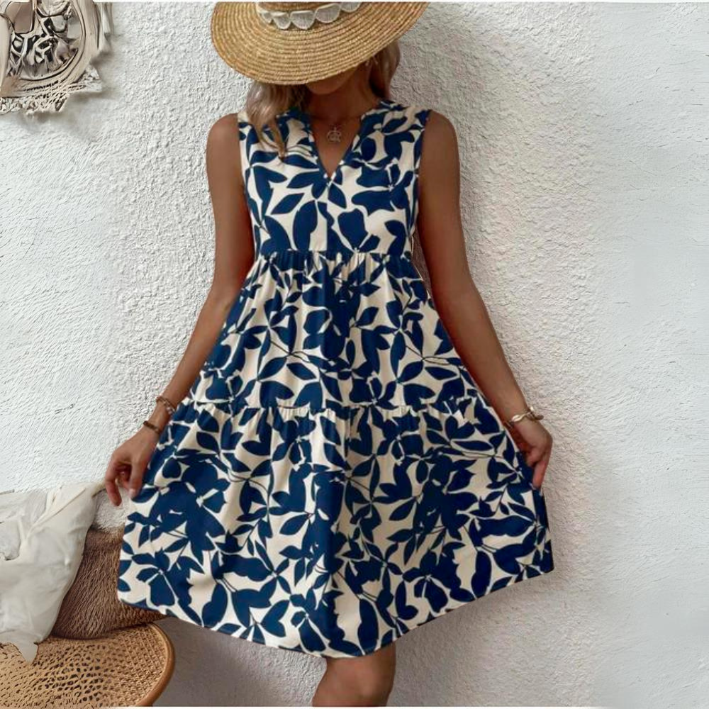 Women's dress cotton floral pattern summer dress with V-neck and short sleeves