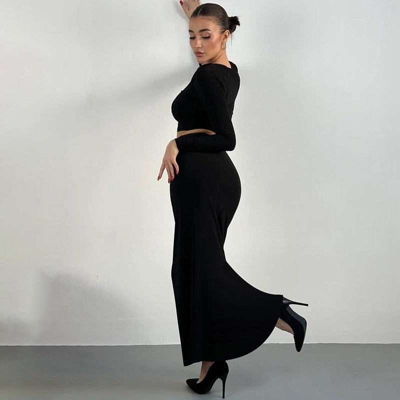 Women's Two-Piece – Ribbed Stretch Material – Long Sleeve & Wrap Crop Top