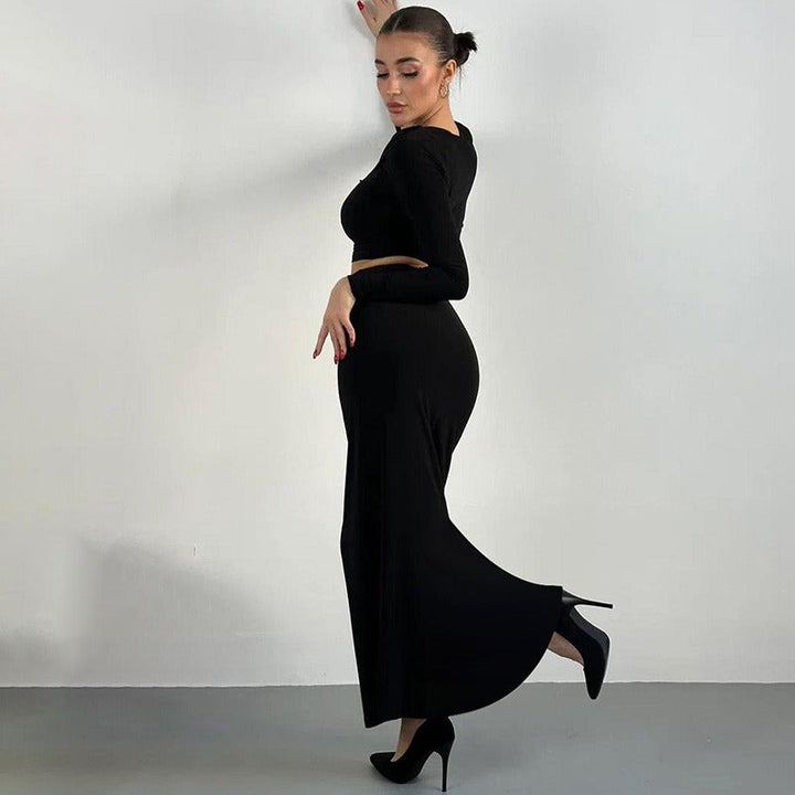 Women's Two-Piece – Ribbed Stretch Material – Long Sleeve & Wrap Crop Top