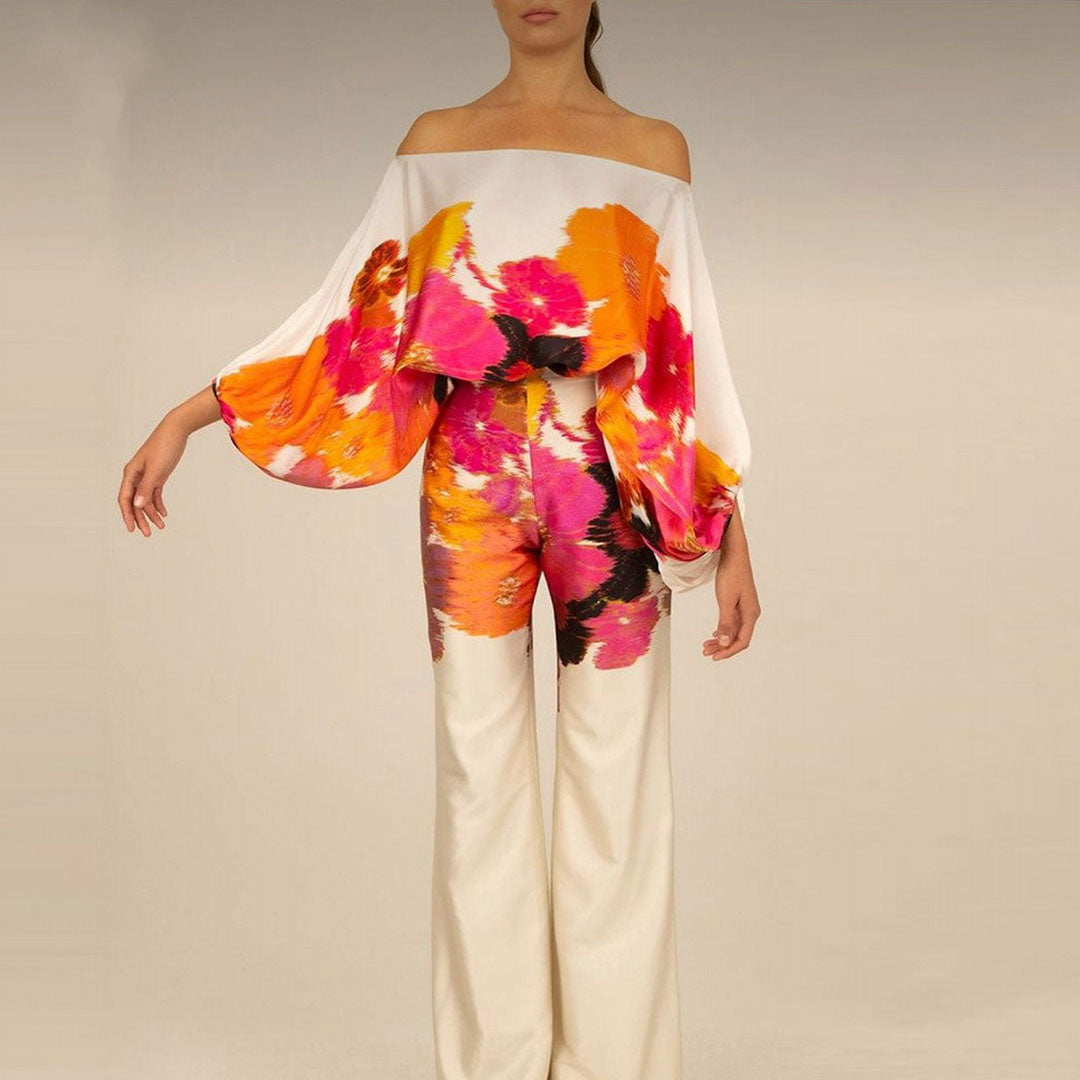 Elegant Women's Two-Piece Satin Set – Off-Shoulder Top & Wide Pants