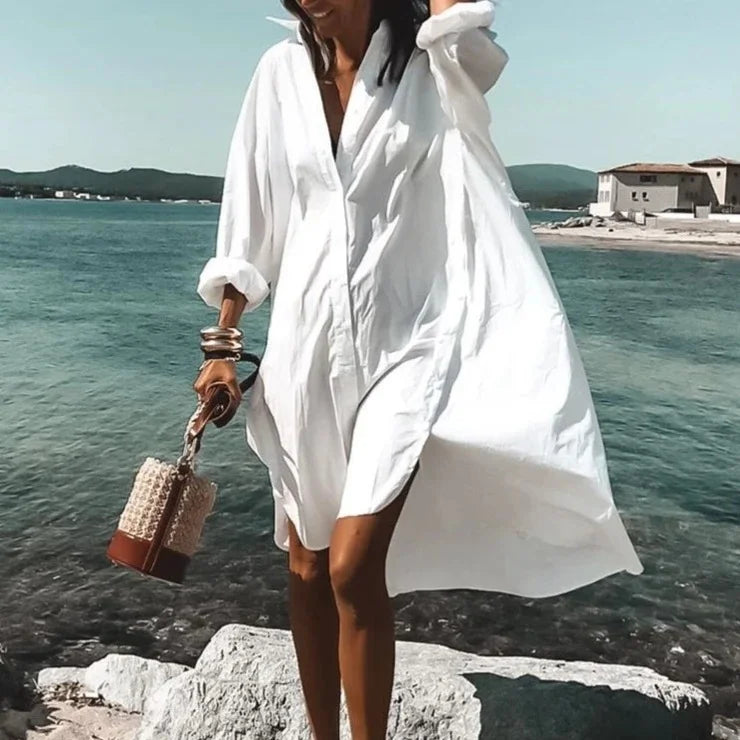 Women's cotton shirt dress with buttons and waist tie – summer look