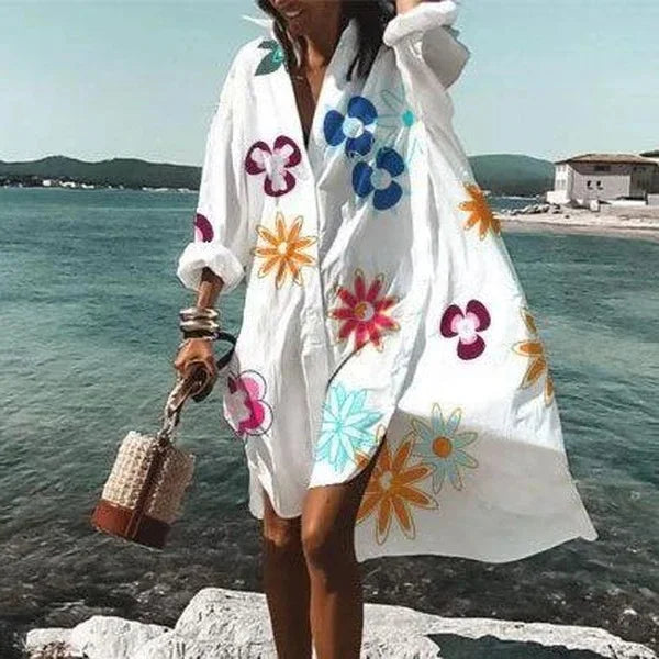 Women's cotton shirt dress with buttons and waist tie – summer look