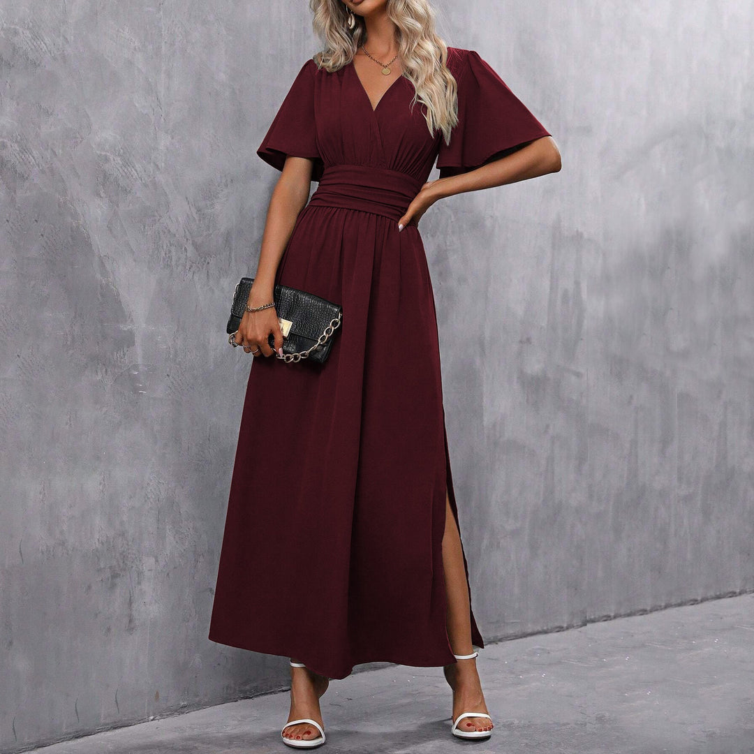 Black Maxi Dress for Women – V-Neck, Slit & Flutter Sleeves