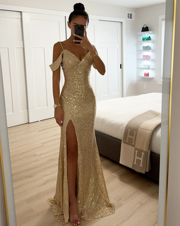Sequin maxi dress with slit – Elegant summer evening dress