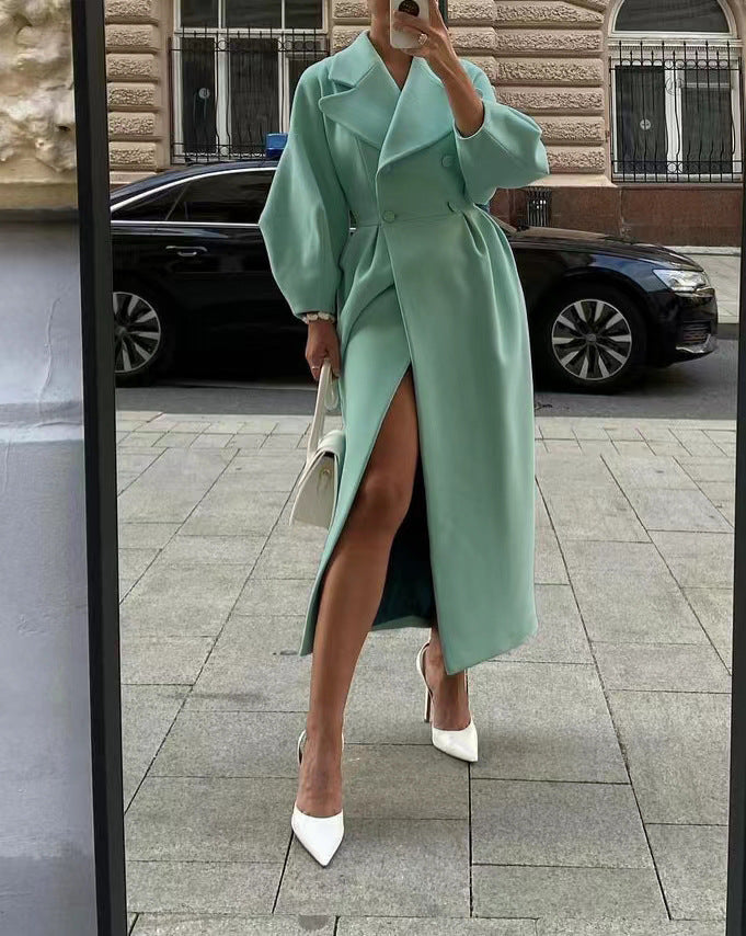 Elegant long women's trench coat – lapel collar & lantern sleeves – modern