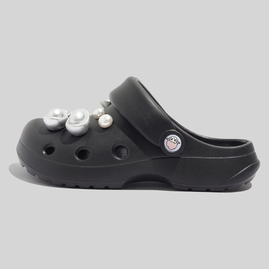 Damen Robuste Schwarze Clogs Mit Dekorativen Perlen Und Perlenverzierungen