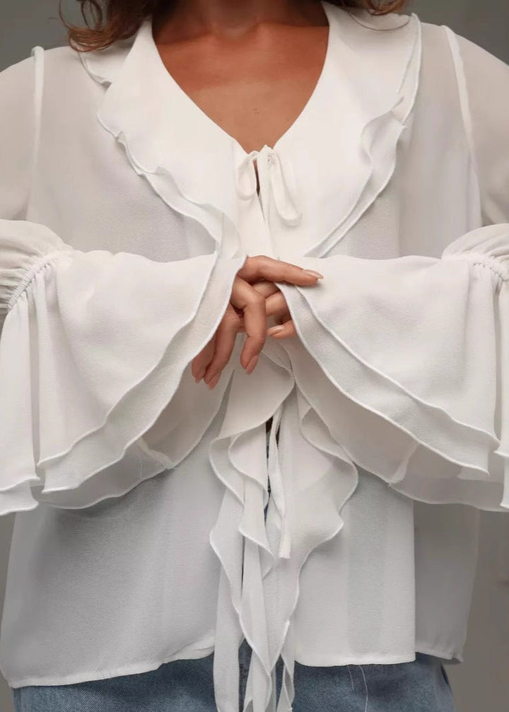 Women's blouse made of chiffon with ruffles and V-neck – elegant and airy