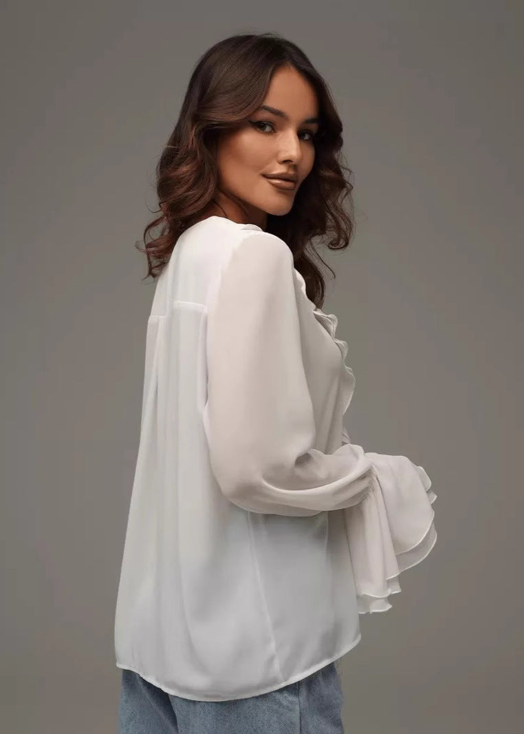 Women's blouse made of chiffon with ruffles and V-neck – elegant and airy