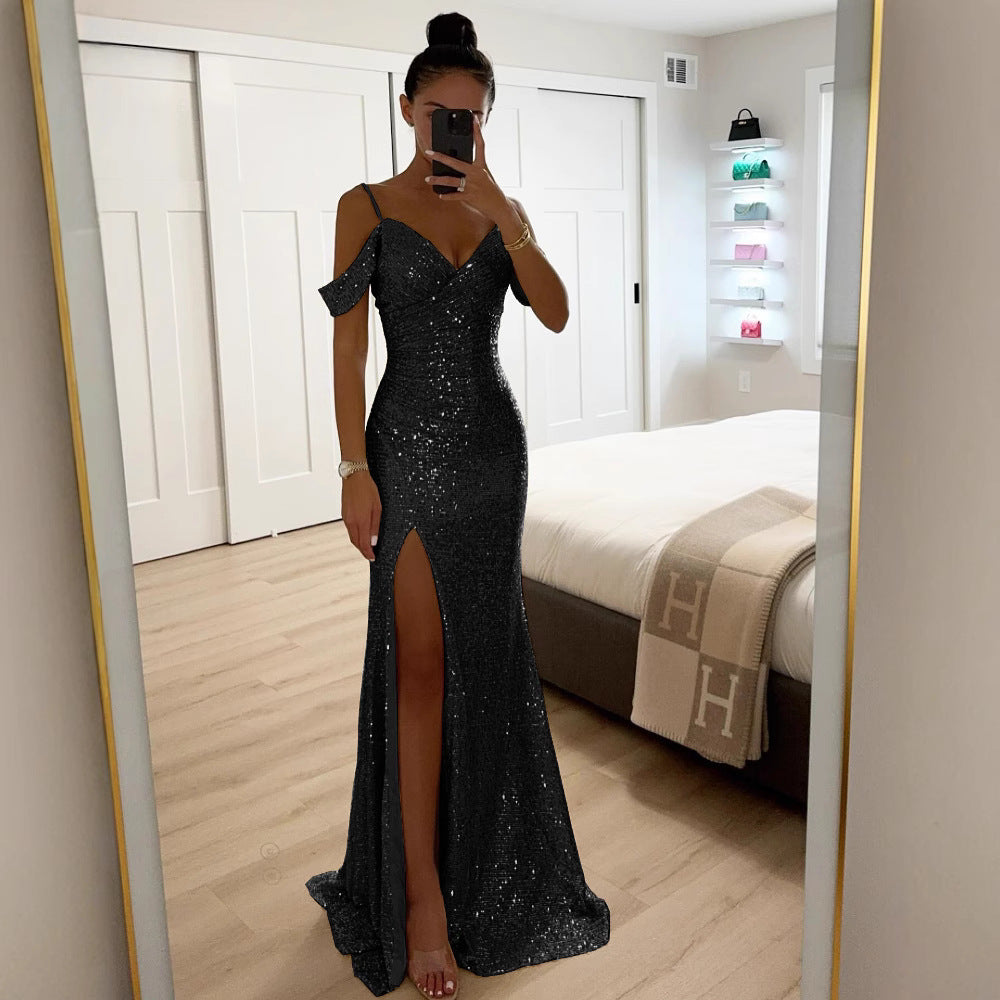 Sequin maxi dress with slit – Elegant summer evening dress