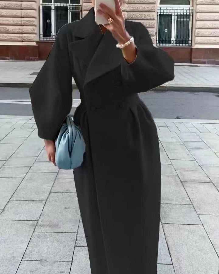 Elegant long women's trench coat – lapel collar & lantern sleeves – modern