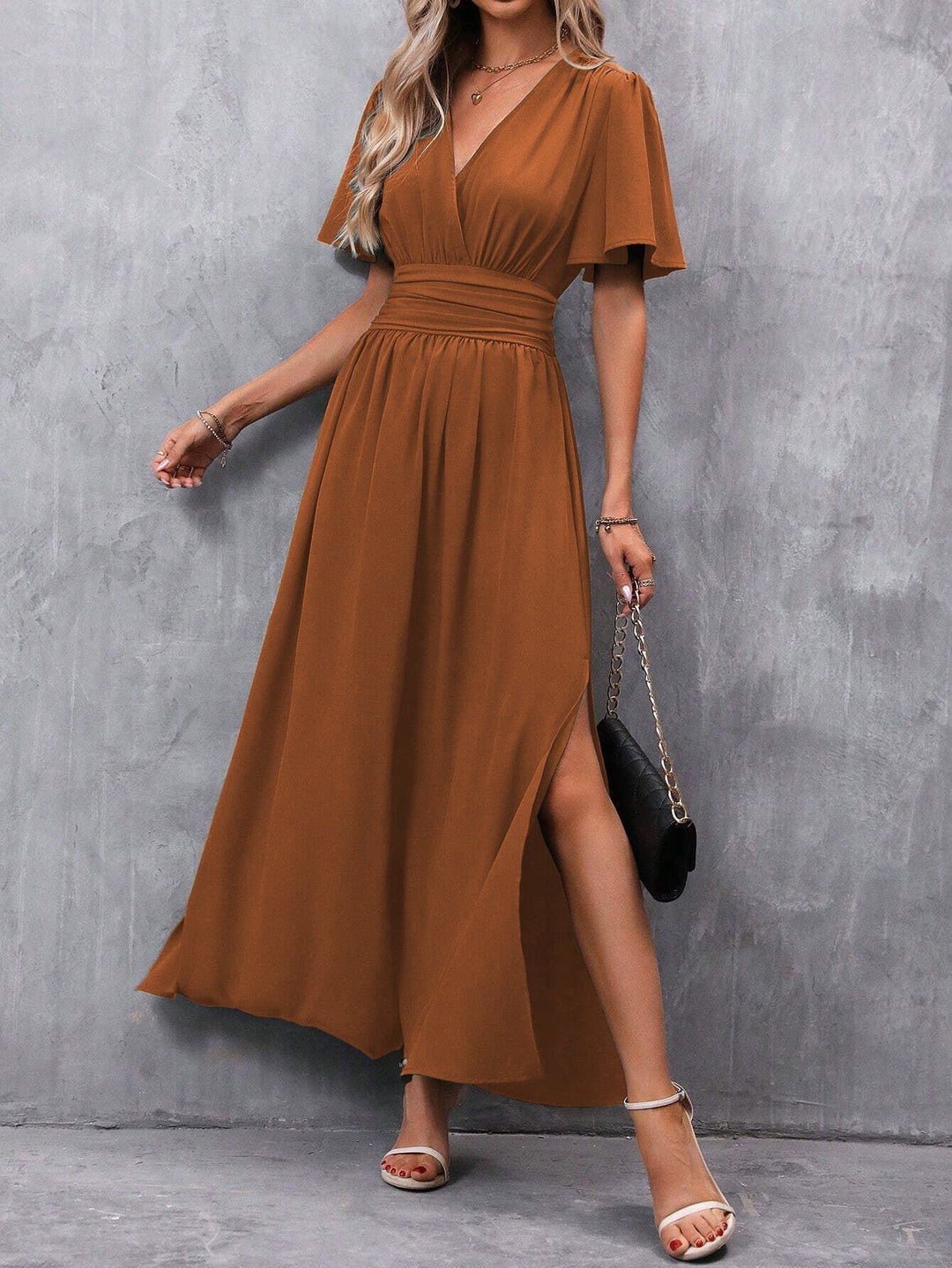 Black Maxi Dress for Women – V-Neck, Slit & Flutter Sleeves