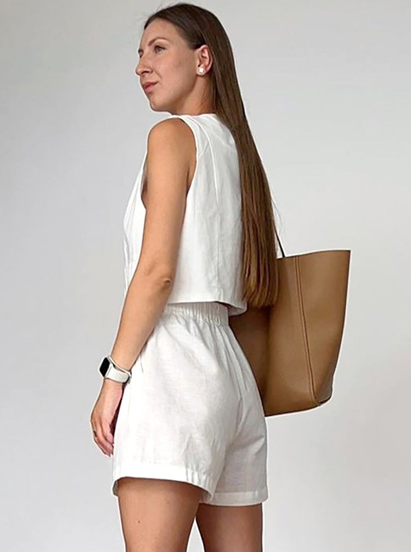 Women's Linen Two-Piece – Blouse with Buttons & Shorts in Relaxed Fit